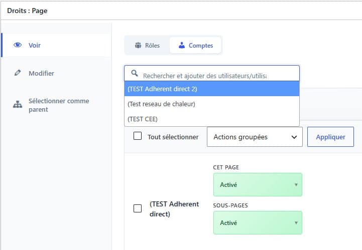 Droits page compte